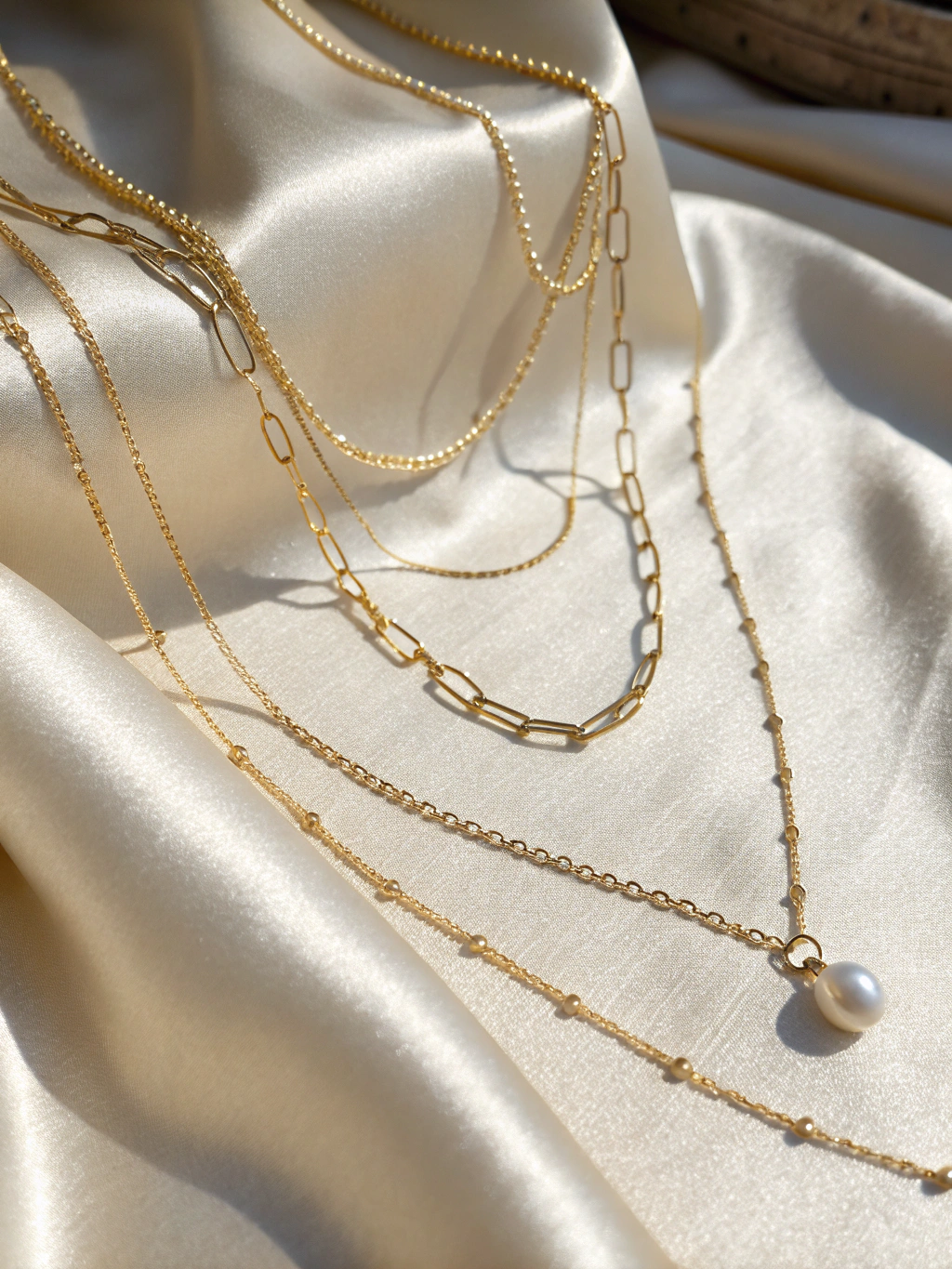 Layered gold bridal necklaces with artisanal pendants